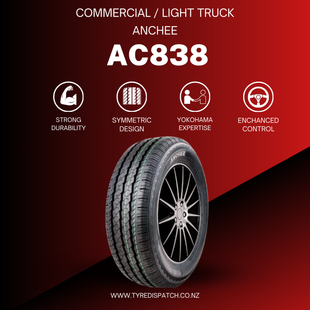 Anchee AC838 Commercial Tyre Features - Side view on black alloy wheel with symmetric tread design, highlighting durability, Yokohama expertise, and enhanced control for light truck and commercial use.