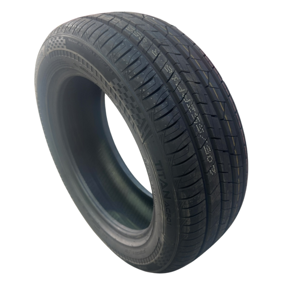 Anchee Titan ACF01 205/55ZRF16 run-flat tyre, angled sidewall view showing the moulded Titan ACF01 branding, chequered shoulder detail and UTQG 480 A A rating. New and unfitted.