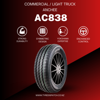 Anchee AC838 Commercial Tyre Features - Side view on black alloy wheel with symmetric tread design, highlighting durability, Yokohama expertise, and enhanced control for light truck and commercial use. thumbnail 2