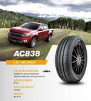 Anchee AC838 Vehicle Tyre Promotion - Red pickup truck on scenic grassy terrain with mountains, featuring 14C-16C inch high performance tyre with asymmetric tread pattern for commercial vehicles and pickup trucks.