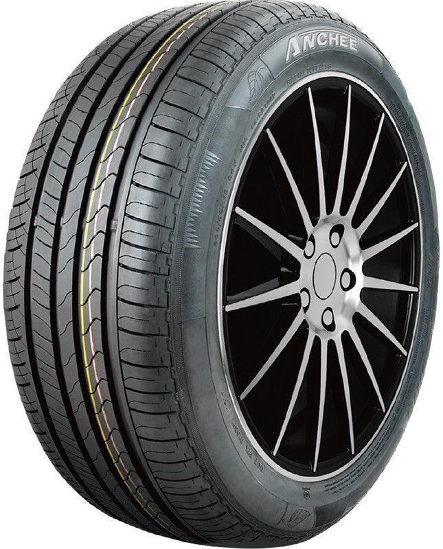 Anchee AC218 205/55R16 94V high performance tire on a wheel with cityscape background, showcasing quiet drive, asymmetric design, and enhanced control ratings.