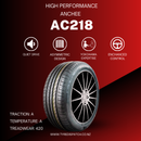 Anchee AC218 205/55R16 94V high performance tire on a wheel with cityscape background, showcasing quiet drive, asymmetric design, and enhanced control ratings.