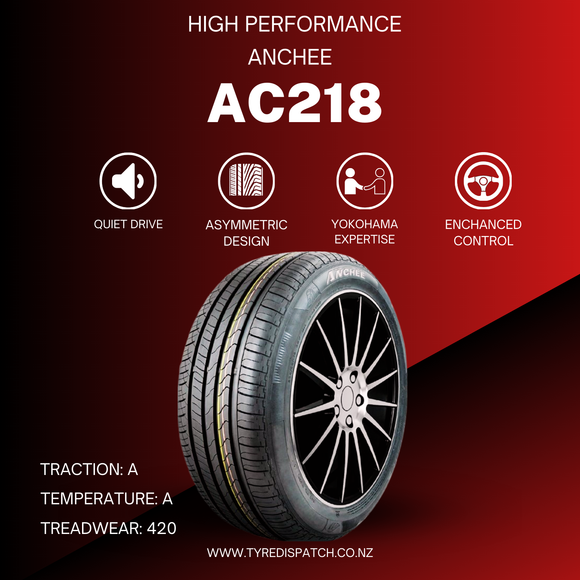 Anchee AC218 205/55R16 94V high performance tire on a wheel with cityscape background, showcasing quiet drive, asymmetric design, and enhanced control ratings.