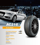 Overview of Anchee AC218 205/55R16 94V tire with car image, showing pattern details, speed symbol, and size specifications.