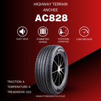 Anchee AC828 Highway Terrain Tyre promotional image featuring quiet drive, symmetric design, Yokohama expertise, and long mileage performance thumbnail 3