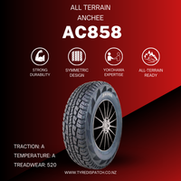 Anchee AC858 All Terrain Tyre promotional image highlighting strong durability, symmetric design, Yokohama expertise, and off-road readiness thumbnail 2