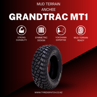 Anchee Grandtrac MT1 Mud Terrain Tyre promotional image highlighting durability, symmetric design, and Yokohama technology for extreme off-road use thumbnail 4