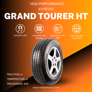 Joyroad Grand Tourer HT tire on a stylish wheel with orange and black gradient background, featuring superior grip and enhanced control.