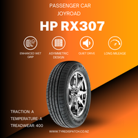 Detailed view of Joyroad HP RX307 tyre with annotations for wet grip, asymmetric design, quiet drive, and long mileage ratings. thumbnail 3