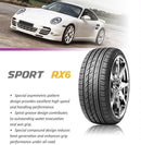 Joyroad Sport RX6 high performance asymmetric tire on a wheel with a white sports car, showcasing excellent handling and wet grip.