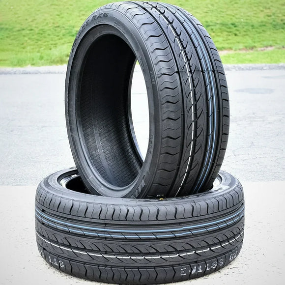Pair of Joyroad Sport RX6 high performance asymmetric tires stacked on pavement, highlighting detailed tread pattern.