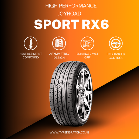 Joyroad Sport RX6 high performance asymmetric tire on a stylish wheel with orange and black gradient background, featuring heat resistance and enhanced control."