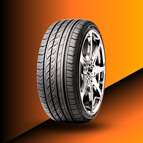 Close-up of Joyroad Sport RX6 high performance asymmetric tire on a wheel, highlighting tread design and branding against an orange background.