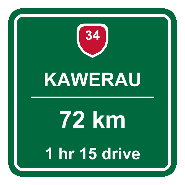 Road sign showing Kawerau is 72 km from the Tyre Dispatch tyre shop in Te Puke, about an hour and a quarter drive