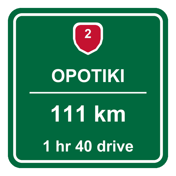 Road sign showing Opotiki is 111 km from the Tyre Dispatch tyre shop in Te Puke, roughly an hour and forty minutes drive
