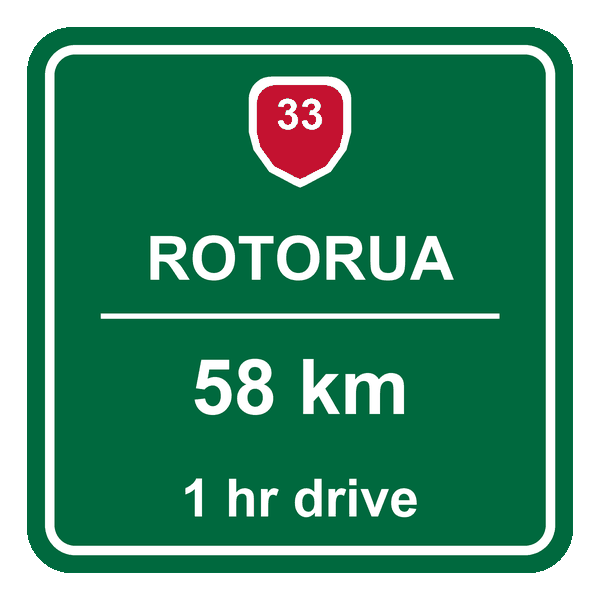 Road sign showing Rotorua is 58 km from the Tyre Dispatch tyre shop in Te Puke, about an hour drive