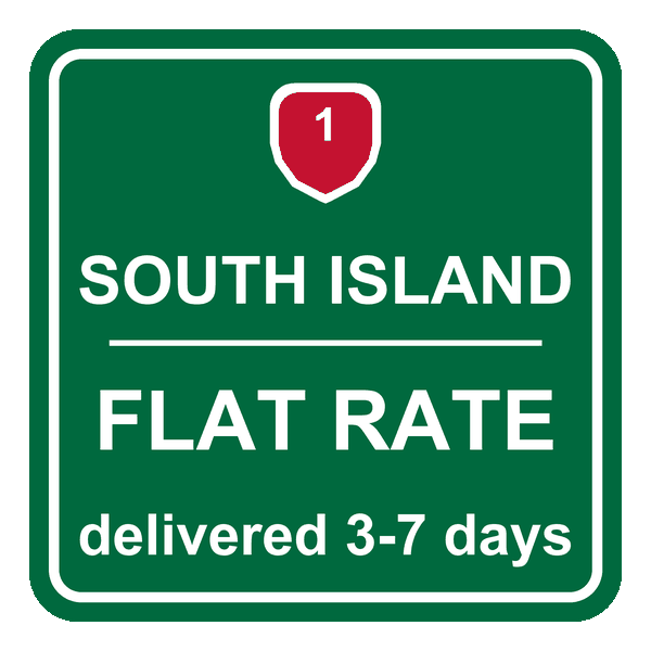 Road sign showing tyre delivery to the South Island at a flat rate in three to seven business days from Tyre Dispatch in Te Puke