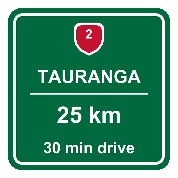 Road sign showing Tauranga is 25 km from the Tyre Dispatch tyre shop in Te Puke, under half an hour drive