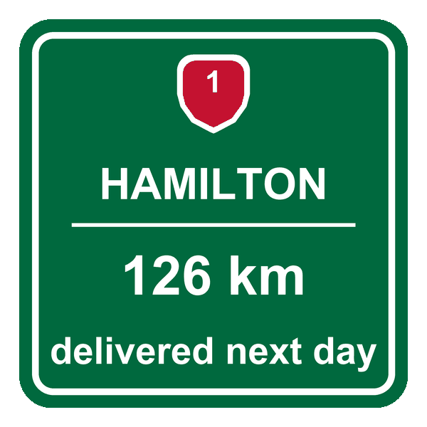 Road sign showing Hamilton is 126 km from the Tyre Dispatch warehouse in Te Puke, with tyres delivered free usually the next business day