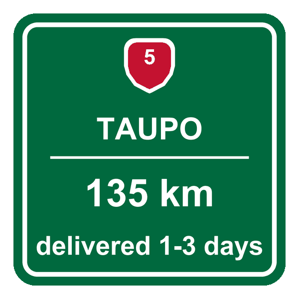 Road sign showing Taupo is 135 km from the Tyre Dispatch warehouse in Te Puke, with tyres delivered free in one to three business days